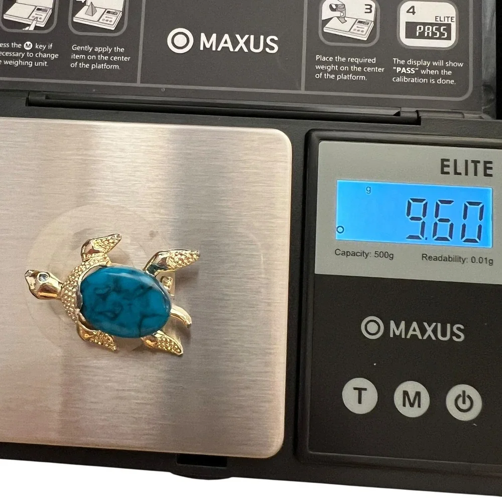 Vintage Gerry's Turtle Brooch‎ Turquoise Cabochon Gold Tone Figural Pin